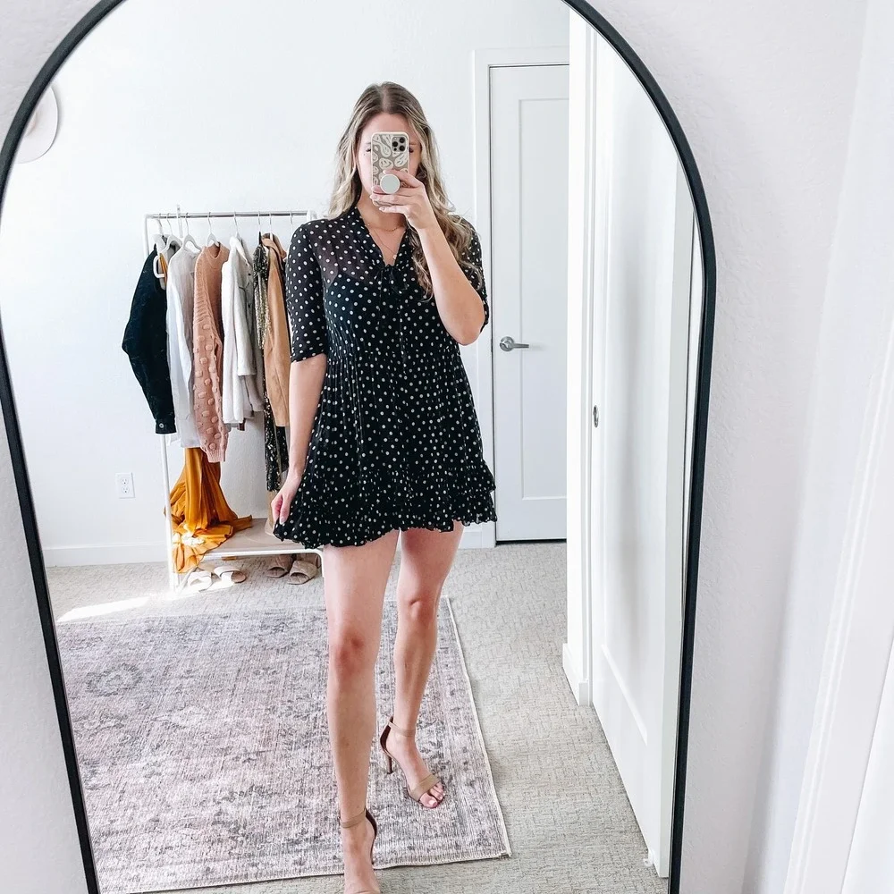 NICHOLAS Black‎ Polka Dot Chiffon Ruffle Mini Dress 0
